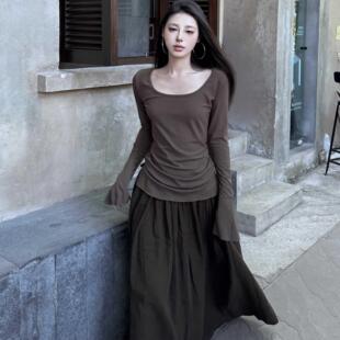 上衣高腰百褶半身长裙显瘦连衣裙 喇叭袖 清冷气质套装 圆领修身