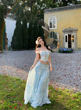 法式蓝色碎花长裙纯欲吊带上衣女夏高腰半身裙大摆长裙度假风套装