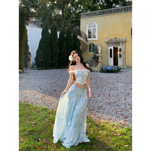 法式蓝色碎花长裙纯欲吊带上衣女夏高腰半身裙大摆长裙度假风套装