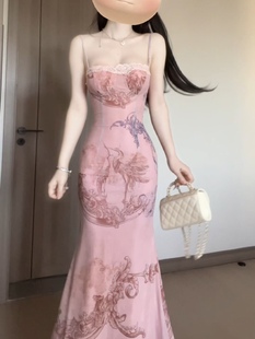 气质性感仙鹤印花吊带连衣裙女带胸垫修身 显瘦包臀鱼尾碎花长裙