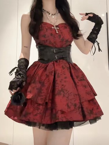 红色吊带公主收腰蓬蓬裙生日短裙