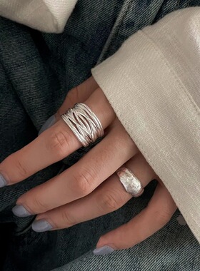 多层线条缠绕戒指女几何简约时尚个性S925镀银开口指环嘻哈食指戒