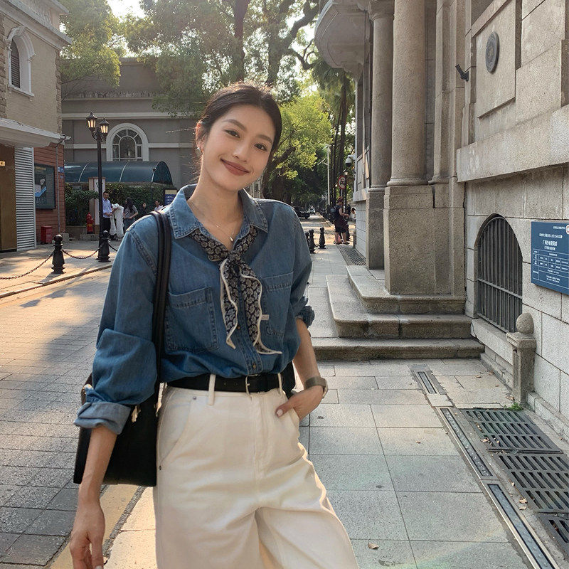 IAMJAM “全棉质感牛仔衬衫”休闲宽松长袖衬衫外套蓝色上衣女春