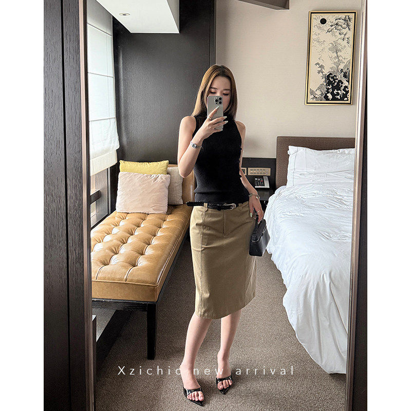 Xzichic缪系学院风修身直筒半身裙女2025夏季新款中长款包臀A字裙