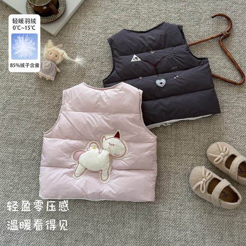 宝宝双面穿可爱羽绒马甲秋冬新款立体卡通无袖外套婴幼儿保暖背心