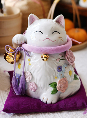 日本紫色波斯猫招财猫入户摆件开业乔迁礼物客厅家用旺宅存钱罐