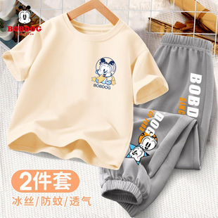 两件套男孩宽松透气长裤 防蚊裤 夏 儿童纯棉短袖 巴布豆男童校园套装