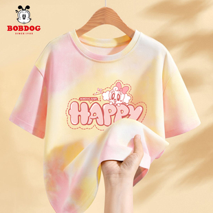 儿童上衣洋气大童夏装 扎染半袖 女 t恤2026新款 巴布豆女童纯棉短袖