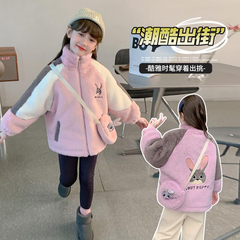 女童冬季外套加绒韩版新款卡通宝宝冬装中大童兔子毛毛衣仿皮草