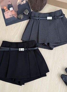 2025秋冬新款毛呢百褶半身裙女配腰带韩版简约通勤百搭短裙子裙裤