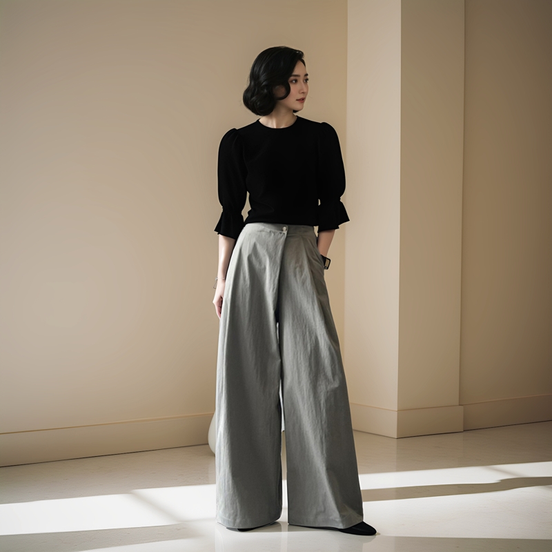 高腰设计感斜门襟休闲阔腿裤长裤
