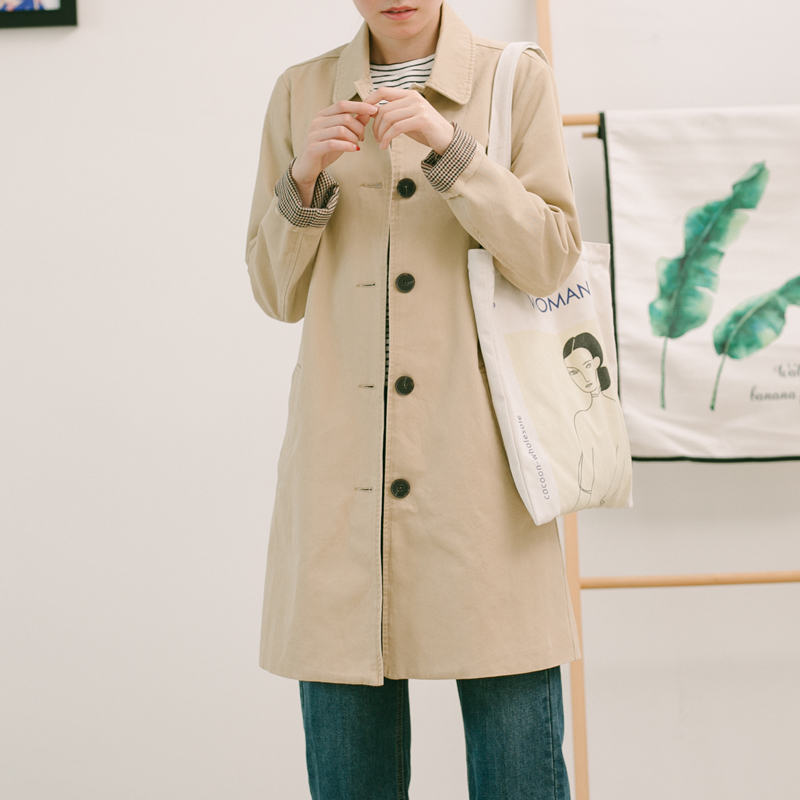 从前慢休闲气质风衣卡其色全棉女