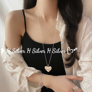 S925纯银日韩简约冷淡风极简古法磨砂褶皱扁爱心米珠长款 项链