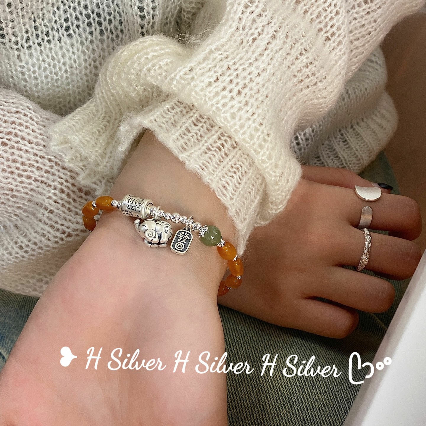 999足银福象发牌转运珠蜜蜡手链
