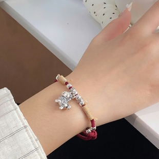 足银999小马本命年新款 国风可随意调节手链 手工红绳手链新中式