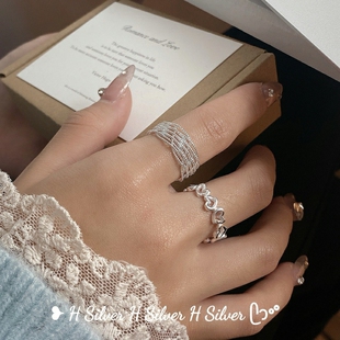 S925纯银多层镂空线条交叉个性银戒指镂空爱心开口可调节百搭指环