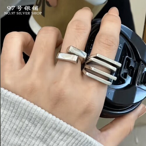 S925纯银重工多层韩版个性潮酷嘻哈开口银戒指男女同款网红指环