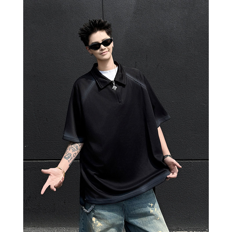美式复古拼色做旧polo衫短袖t恤男夏季高街潮牌百搭半袖上衣P43图片