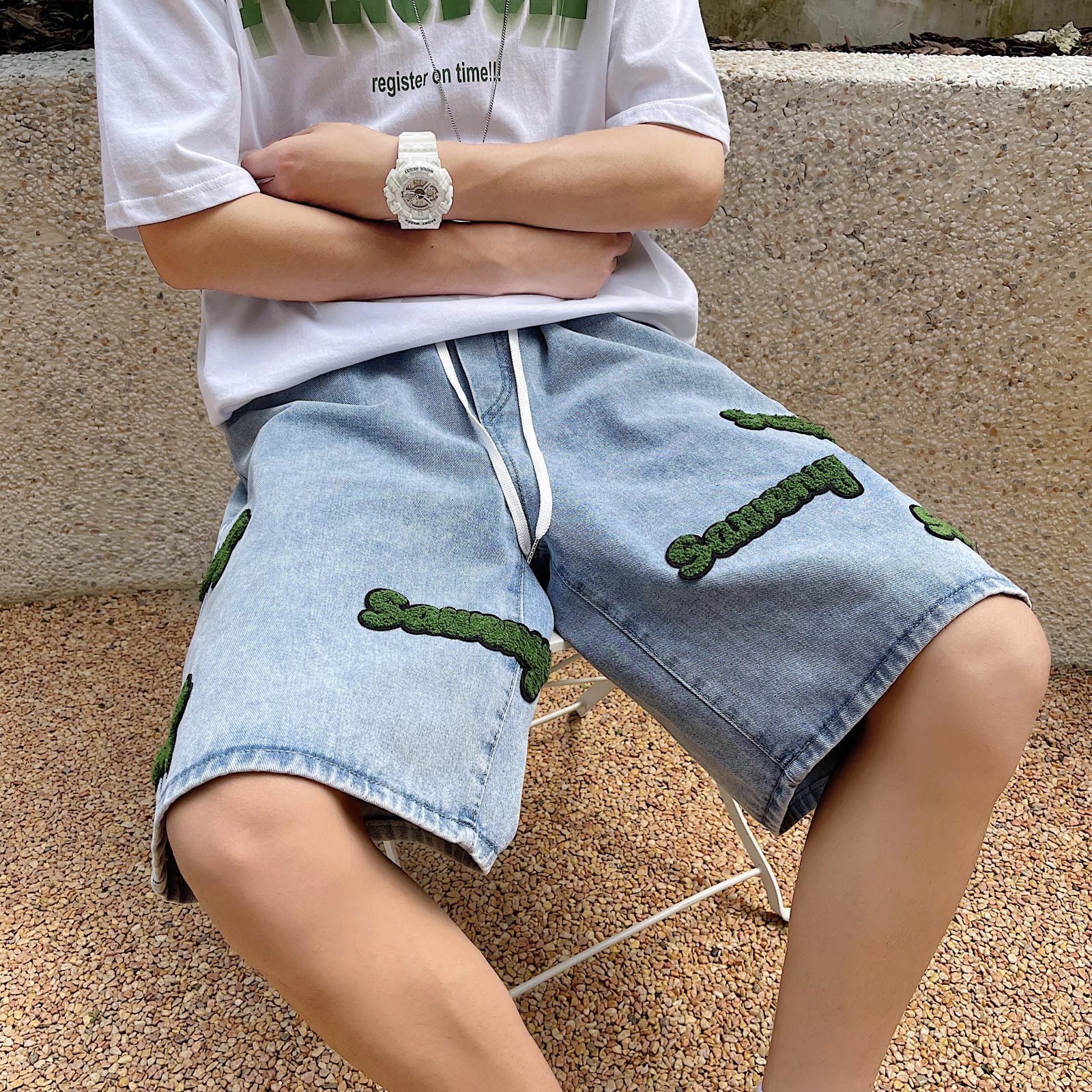 植绒字母毛巾绣牛仔短裤男夏装宽松休闲五分裤P40,男装牛仔裤,星座410-6（原星座1304-1）