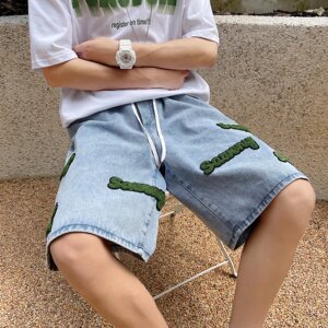 植绒字母毛巾绣牛仔短裤男夏装宽松休闲五分裤P40图片