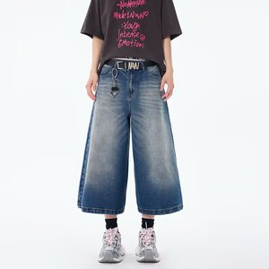 复古洗牛仔七分裤夏款中腰宽松阔腿蓝色休闲短裤男P57