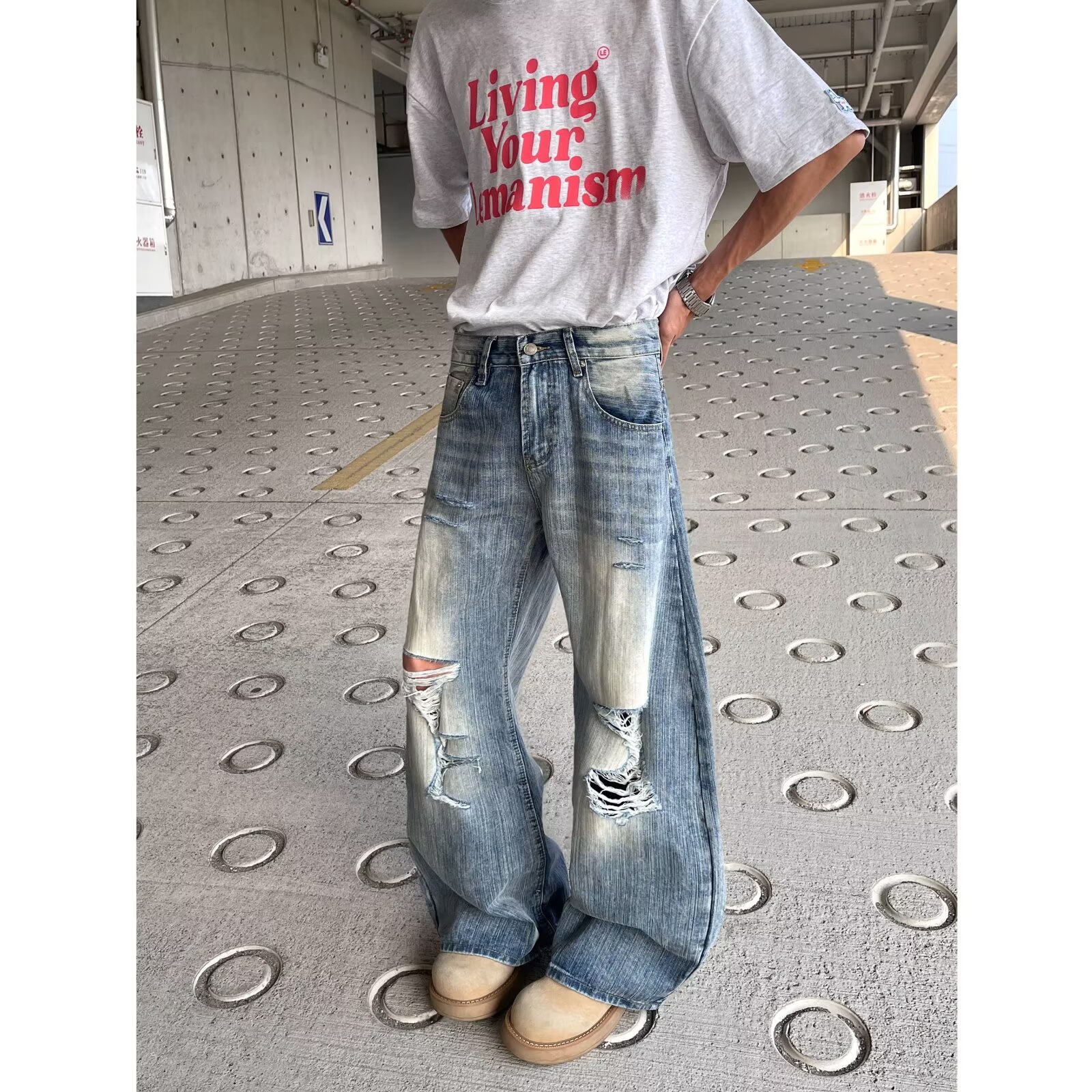 美式复古竹节做旧破洞牛仔裤男女夏季高街设计感宽松阔腿裤P52,男装牛仔裤,星座410-6（原星座1304-1）