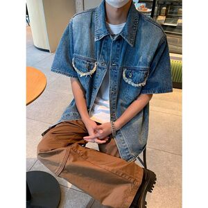 设计感毛边牛仔衬衫男高街潮牌新款翻领短袖潮流夏季ins男潮P53图片