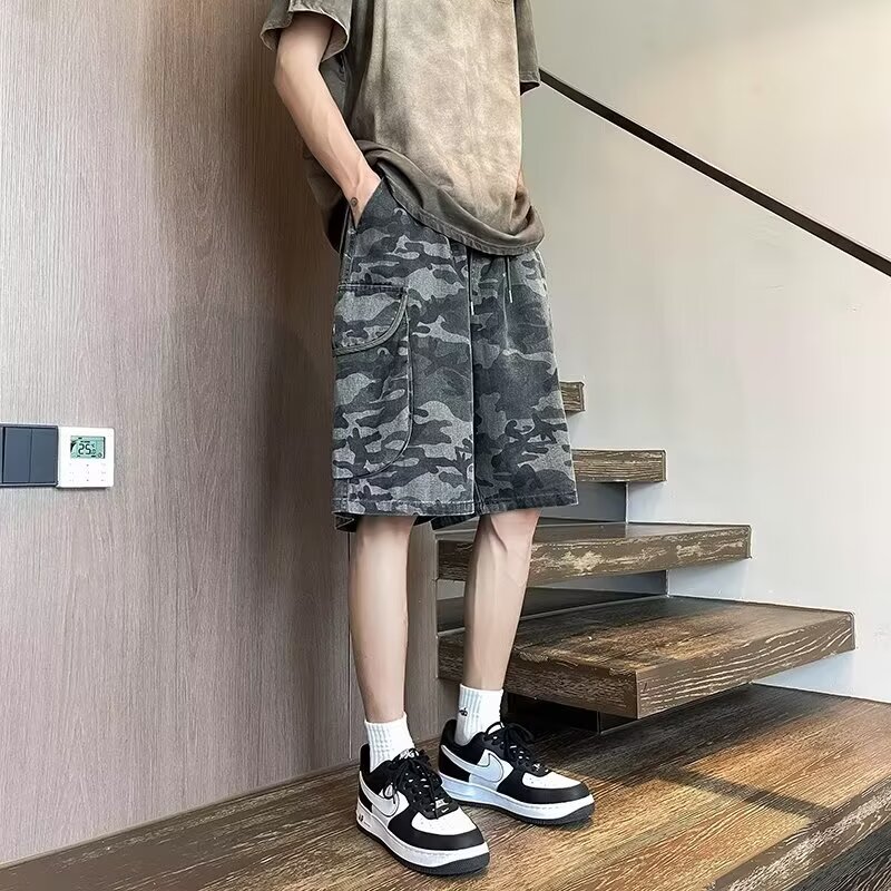 美式复古迷彩工装牛仔短裤男女潮牌宽松直筒阔腿休闲五分裤P47,男装牛仔裤,星座410-6（原星座1304-1）