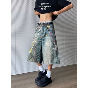美式复古水洗做旧牛仔短裤男直筒宽松阔腿七分裤子潮P54图片