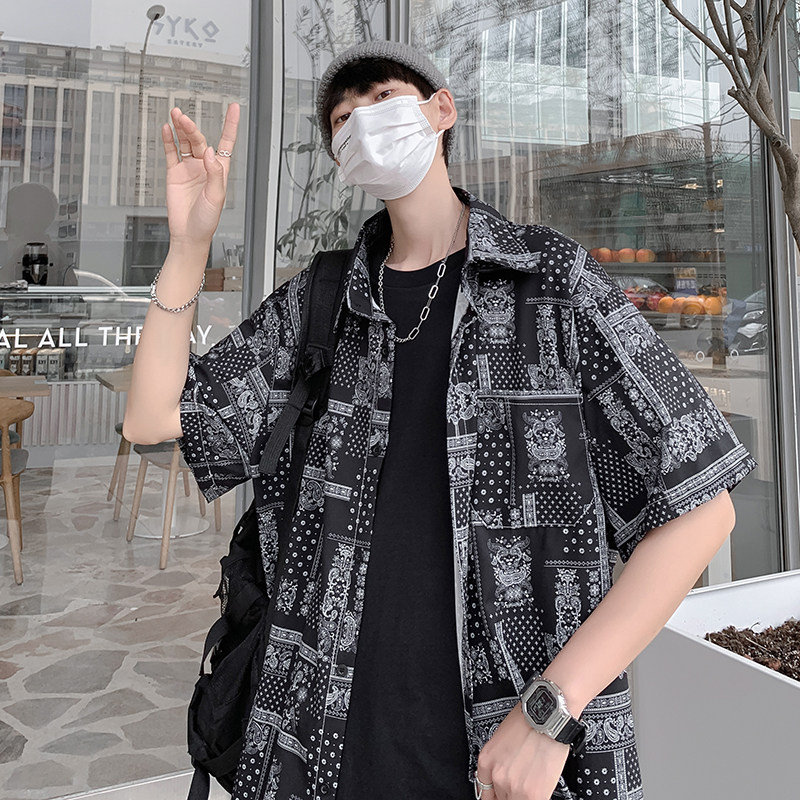 文艺男衬衫短袖2021夏季新款腰果花宽松上衣ins痞子帅气,男装衬衫,星座410-6（原星座1304-1）