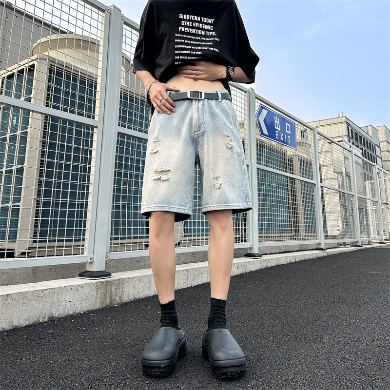 美式高街破洞水洗牛仔裤男女夏季新款直筒宽松阔腿拖地裤P37,男装牛仔裤,星座410-6（原星座1304-1）
