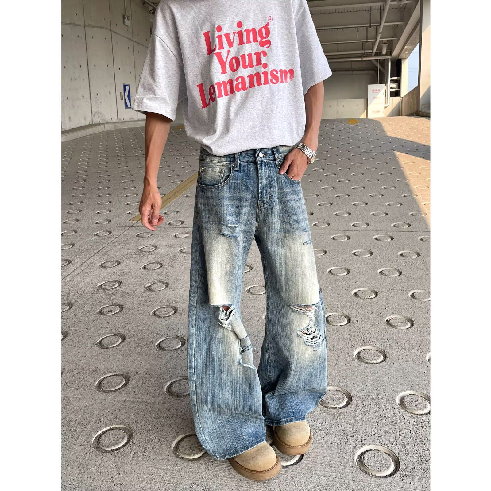 美式复古竹节做旧破洞牛仔裤男女夏季高街设计感宽松阔腿裤P52,男装牛仔裤,星座410-6（原星座1304-1）