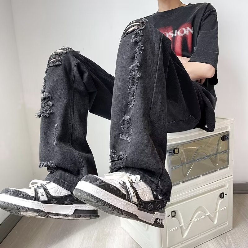 美式街头破坏感牛仔裤男夏季潮牌hiphop宽松水洗做旧百搭直筒P45,男装牛仔裤,星座410-6（原星座1304-1）
