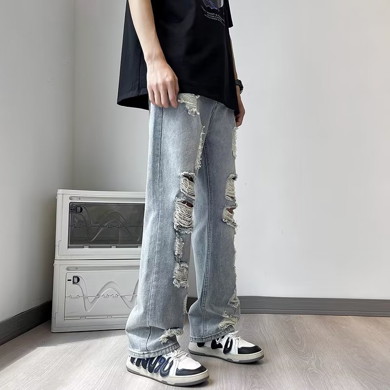 美式街头破坏感牛仔裤男夏季潮牌hiphop宽松水洗做旧百搭直筒P45,男装牛仔裤,星座410-6（原星座1304-1）