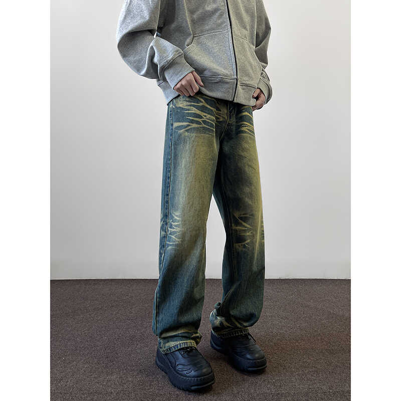 美式高街Vibe直筒复古潮牌花纹牛仔裤男嘻哈宽松垂坠感长裤男P50,男装牛仔裤,星座410-6（原星座1304-1）