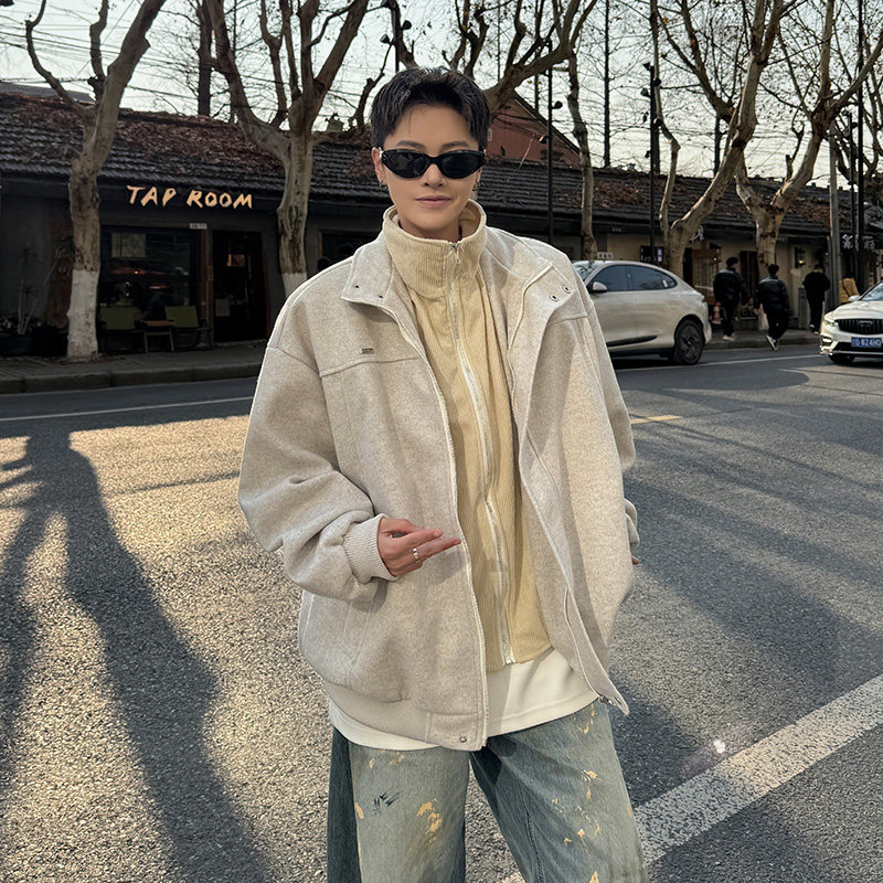 潮牌假两件毛呢外套男春季重磅高街情侣棉衣美式宽松痞帅夹克P90,男装夹克,星座410-6（原星座1304-1）