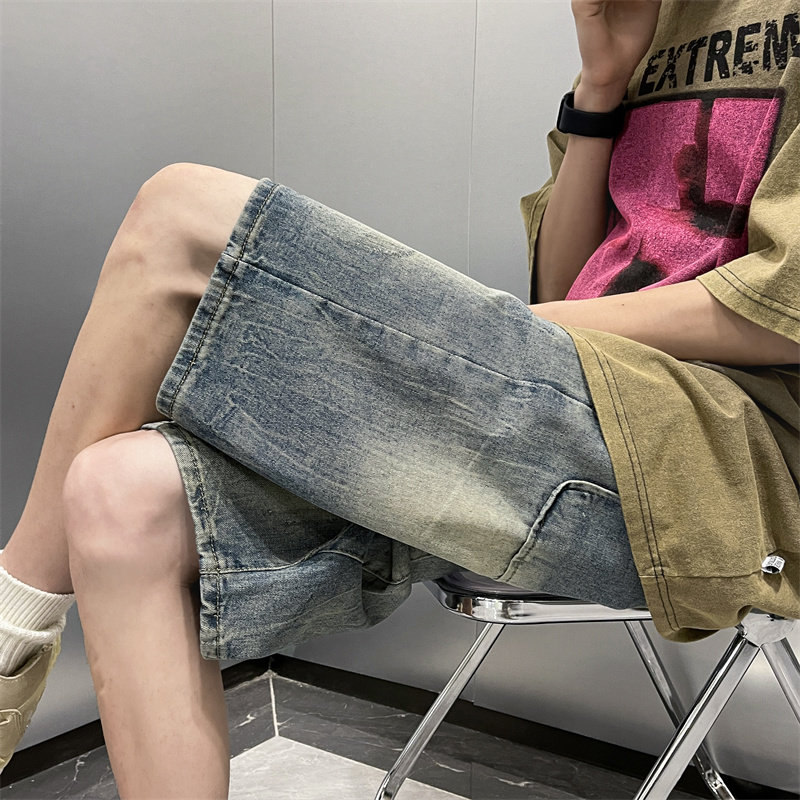 日系复古做旧牛仔短裤男夏季美式痞帅休闲宽松阔腿五分中裤P37,男装牛仔裤,星座410-6（原星座1304-1）
