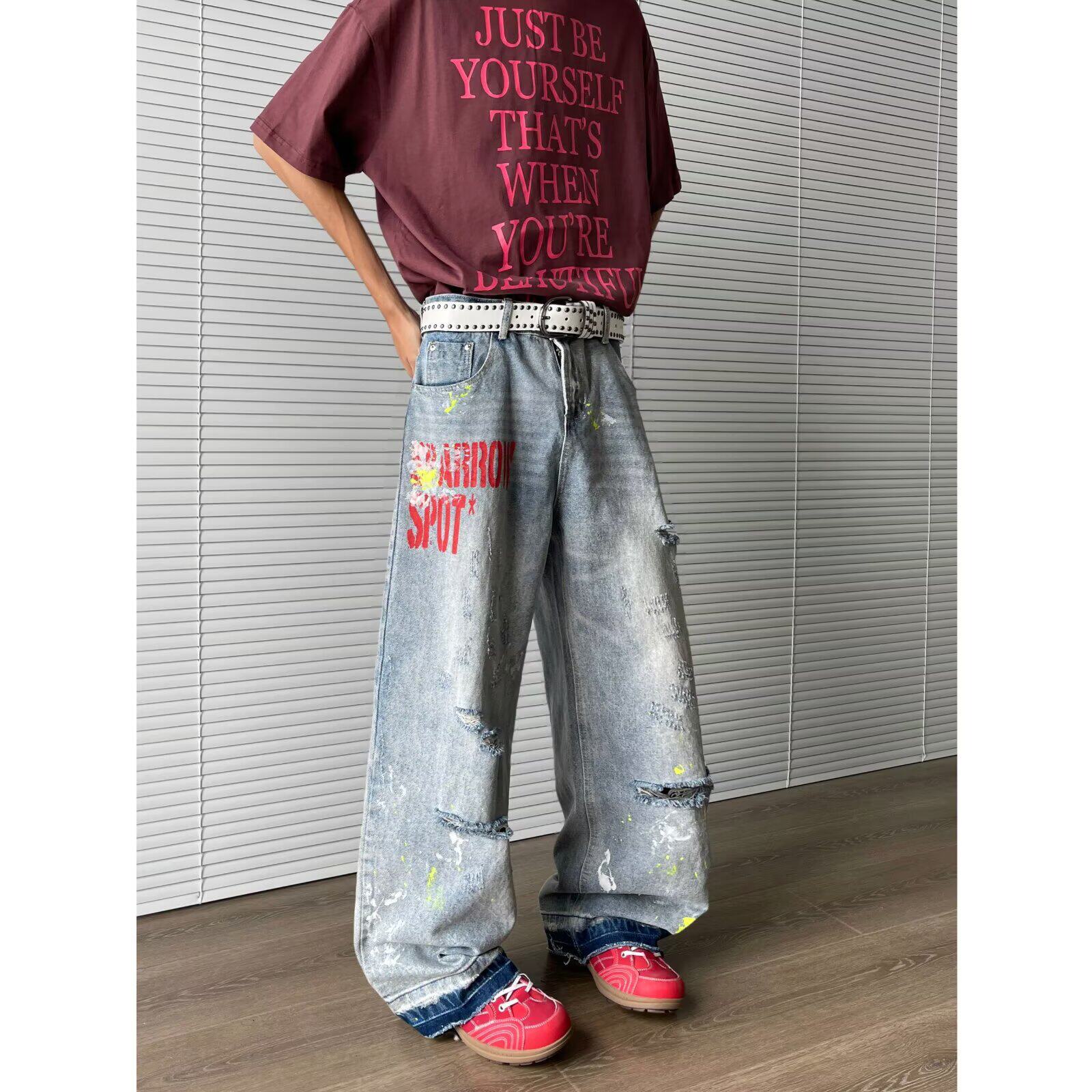 美式高街破洞水洗牛仔裤男女夏季新款直筒宽松阔腿拖地裤P55图片
