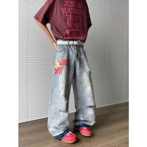 美式高街破洞水洗牛仔裤男女夏季新款直筒宽松阔腿拖地裤P55图片