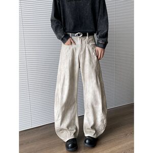 美式复古脏染喷绘设计感白色弯刀牛仔裤男女宽松阔腿裤子P67图片