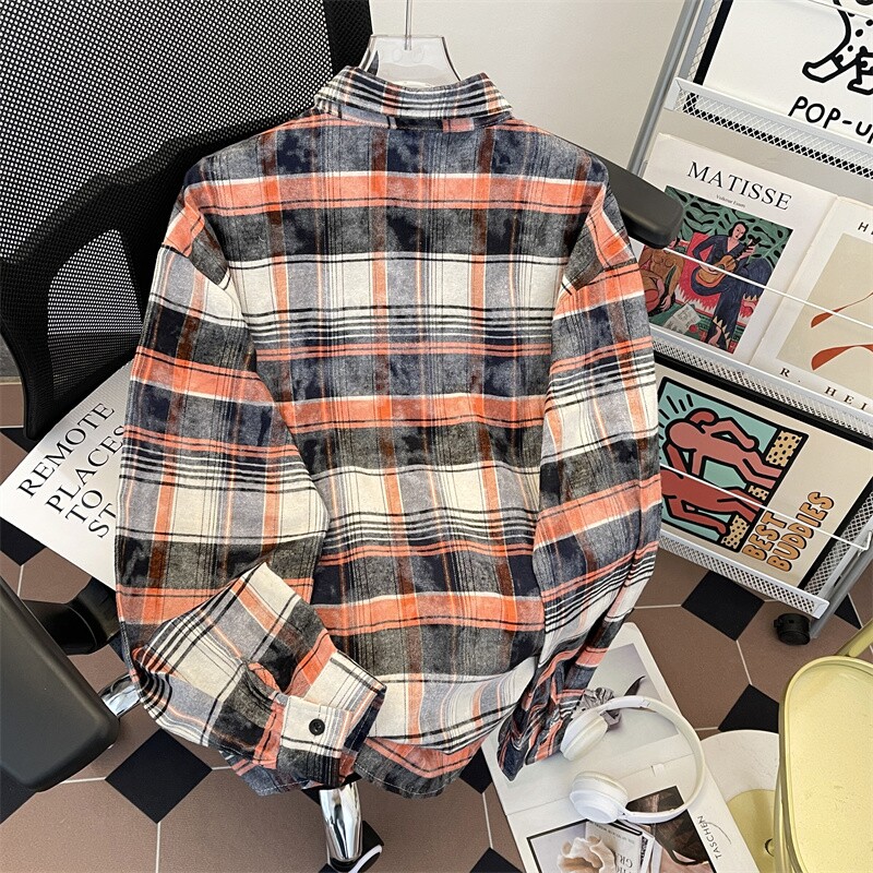 新款高街时尚港风印花风格格子长袖衬衫衬衣P45,男装衬衫,星座410-6（原星座1304-1）