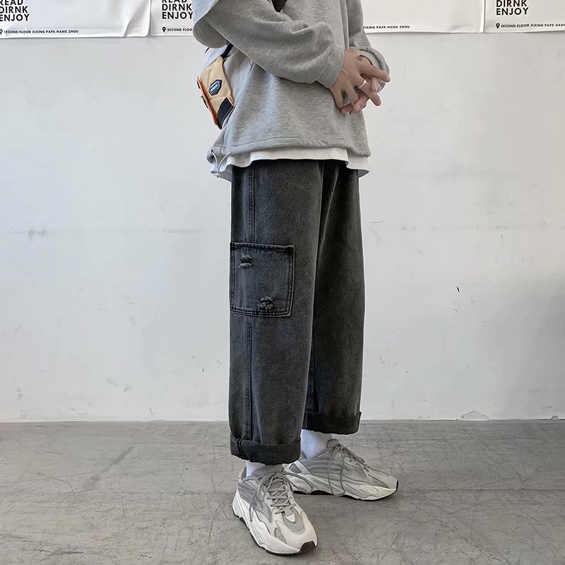 20年新款港风宽松直筒韩版破洞时尚九分老爹牛仔裤,男装牛仔裤,星座410-6（原星座1304-1）