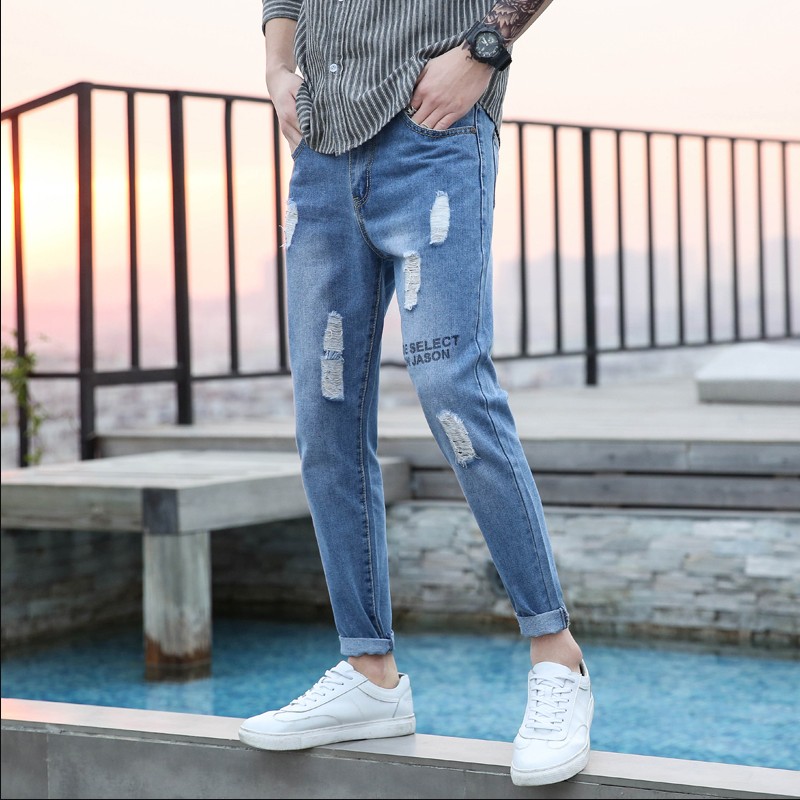 2021夏季新款破洞浅色九分牛仔裤男裤子哈伦风潮流小脚B16-P30,男装牛仔裤,星座410-6（原星座1304-1）