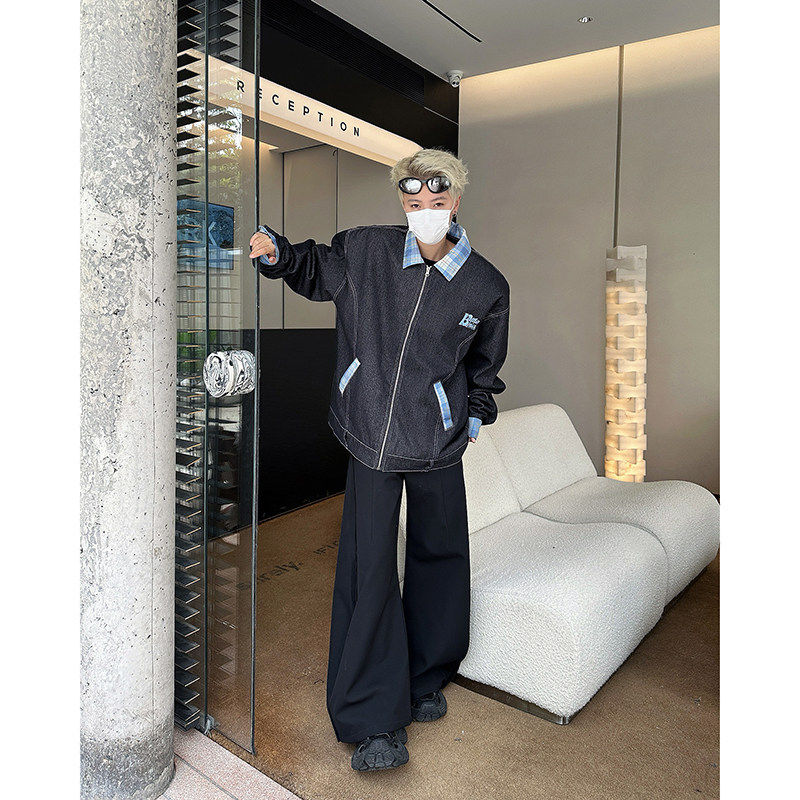 美式复古撞色格纹夹克牛仔外套男春季新款宽松百搭休闲高级感P68,男装夹克,星座410-6（原星座1304-1）