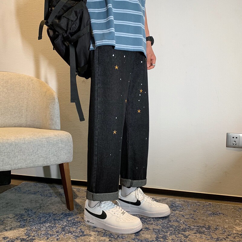 潮牌宽松休闲黑色刺绣牛仔裤男直筒九分裤潮流阔腿百搭男裤子图片
