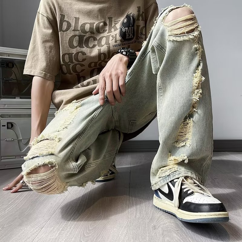 美式街头破坏感牛仔裤男夏季潮牌hiphop宽松水洗做旧百搭直筒P45图片