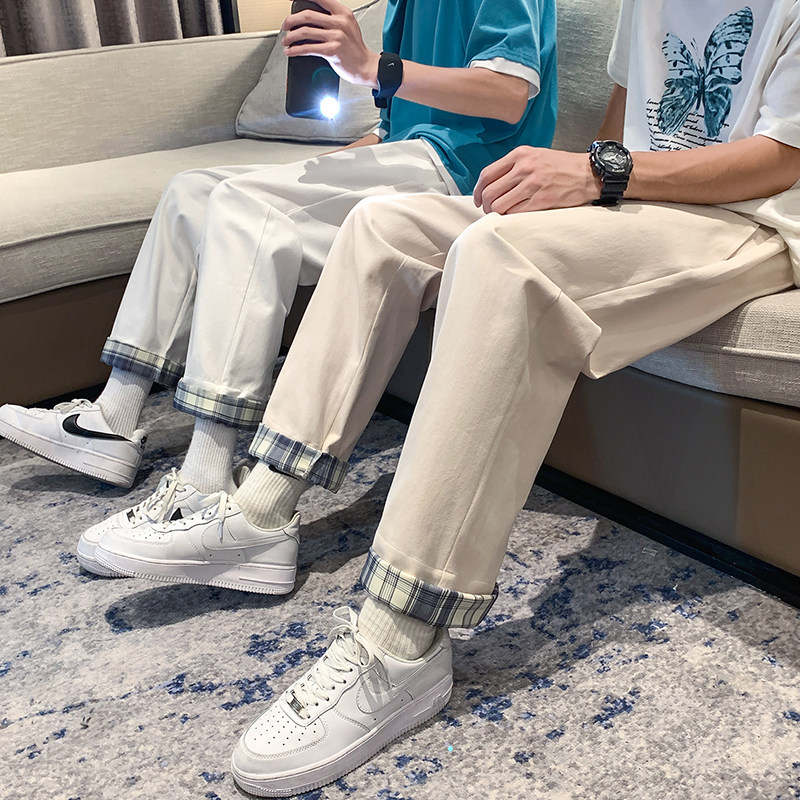夏季新款纯棉男士休闲裤港风宽松直筒裤中性潮格子九分裤子,男装休闲裤,星座410-6（原星座1304-1）