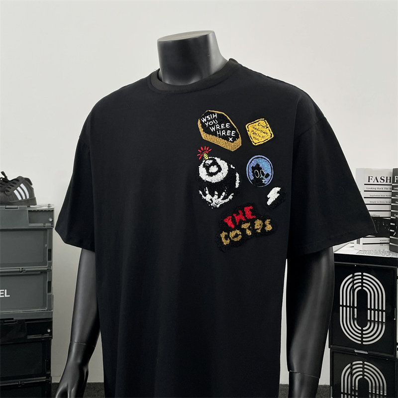 复古美式重磅街头徽章植绒刺绣宽松短袖男女高街情侣T恤半袖P38，男装T恤，星座410-6（原星座1304-1）