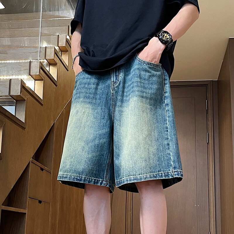 美式复古牛仔短裤男款夏季潮牌高街直筒五分裤子阔腿宽松休闲P43,男装牛仔裤,星座410-6（原星座1304-1）