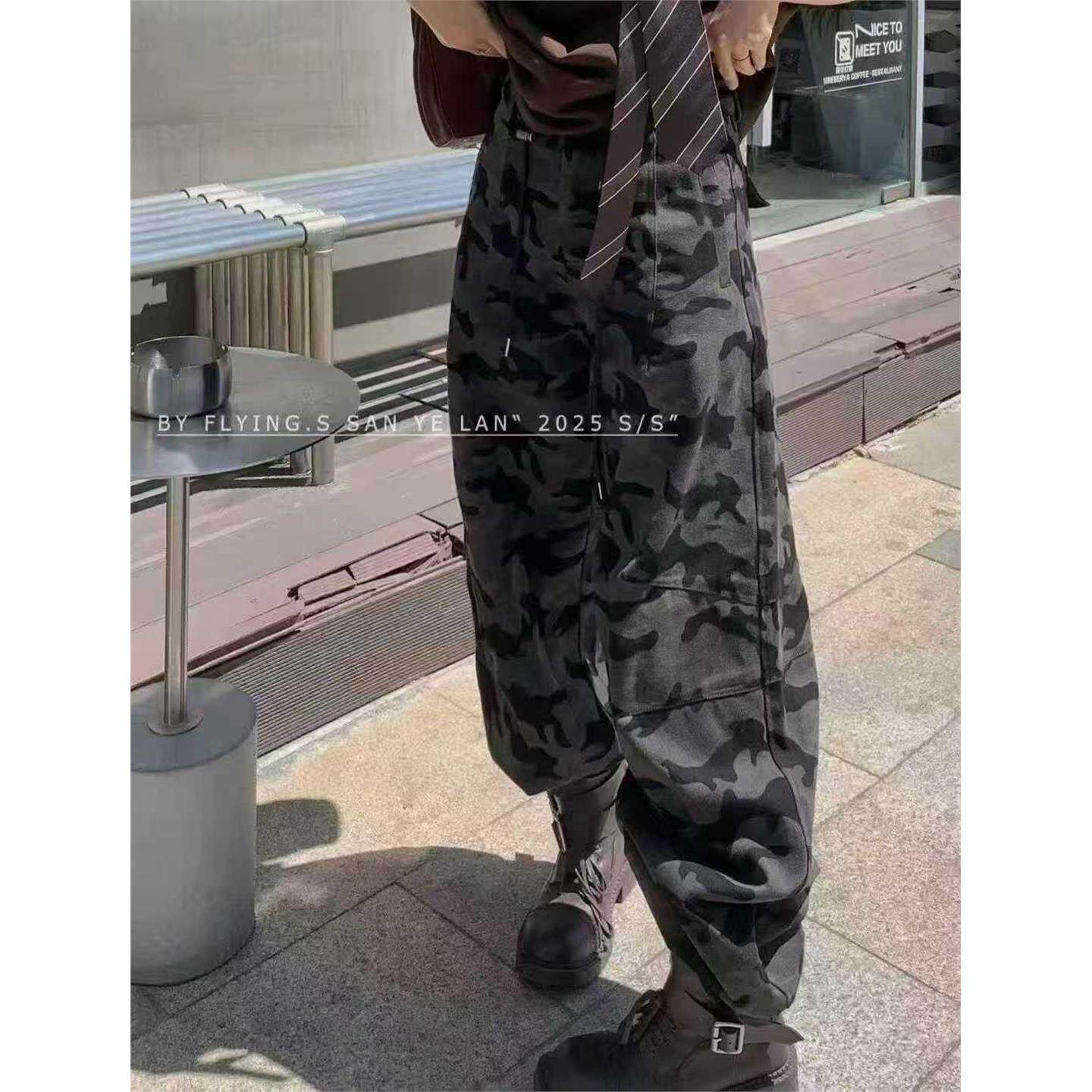 欧洲站2025秋季新款南油欧货时尚个性抽绳休闲迷彩工装裤女休闲裤